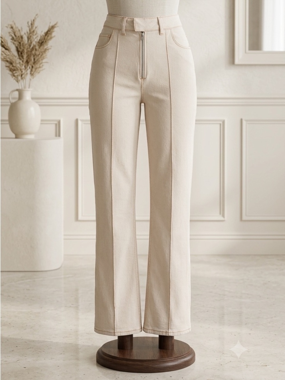 Zara| Ecru High-Rise Wide Leg Flare Bottom Trousers/Pants w/Contrast Stitch Sz 6